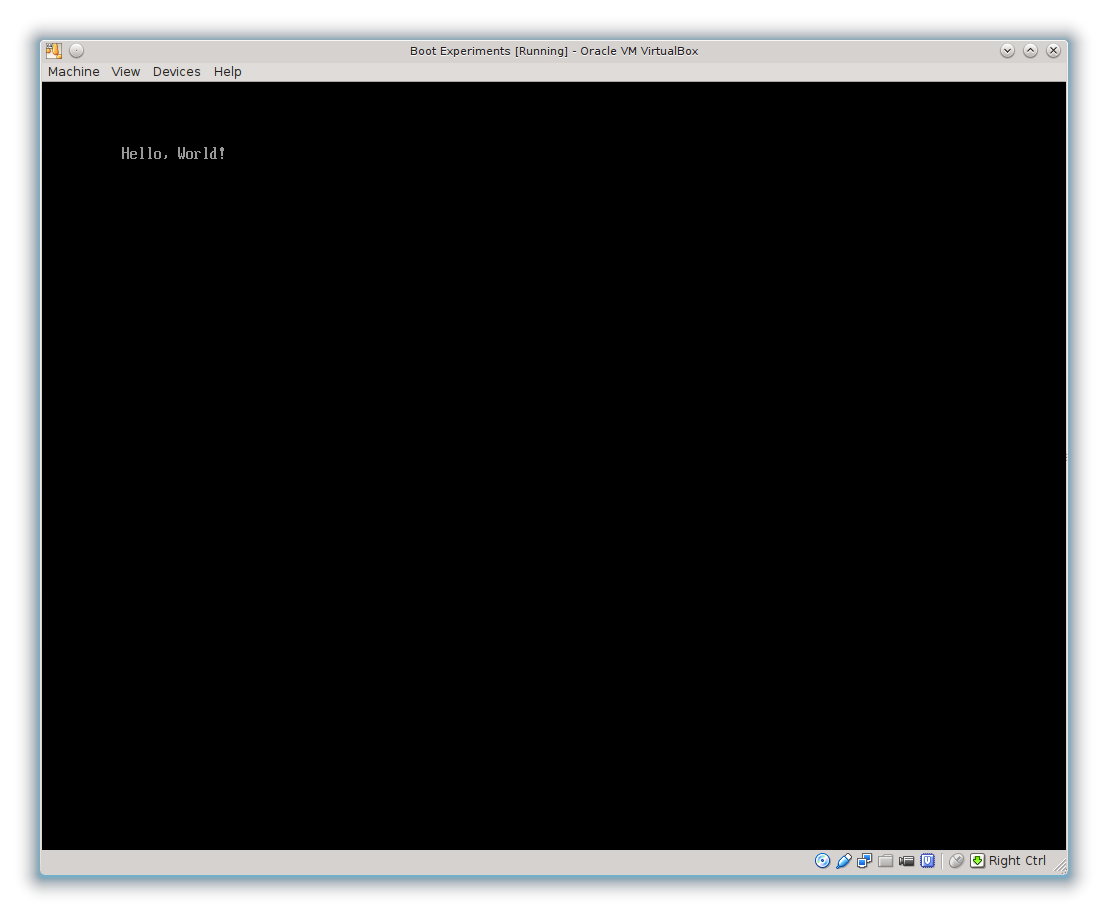 Screen shot of virtual machine running Rust Hello, World!